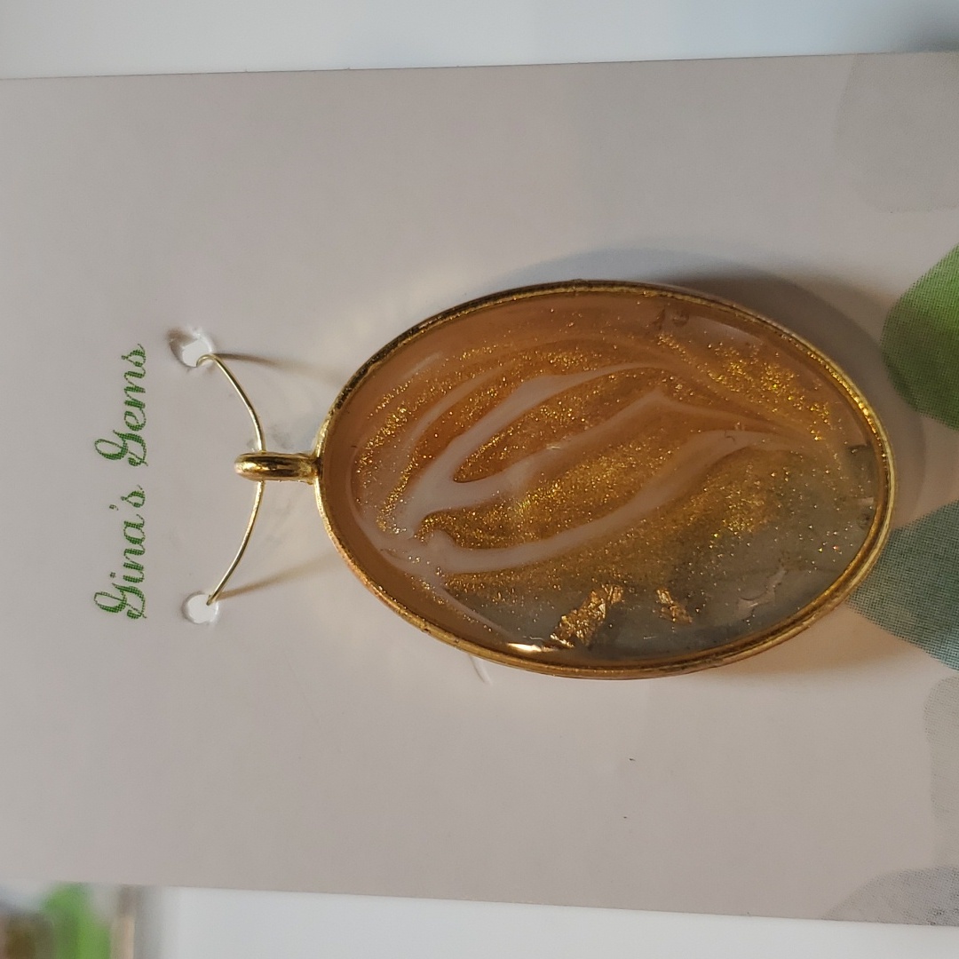 Jewelry Resin Pendant Necklace Gold Tone Handcrafted